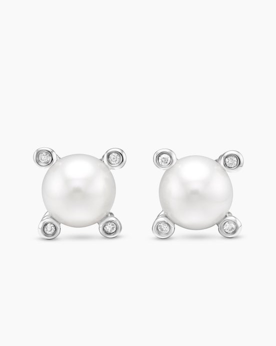 Pearl Stud Earrings in Sterling Silver with Pearls and Diamonds, 7.4mm