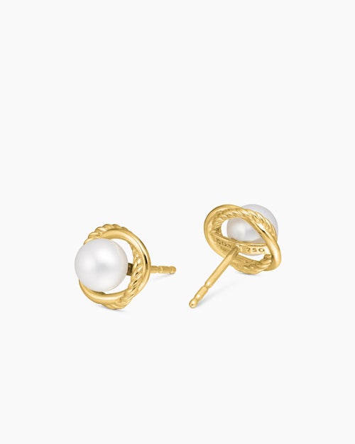 Womens Crossover Infinity Pearl Stud Earrings in 18K Yellow Gold with Pearls, 10mm