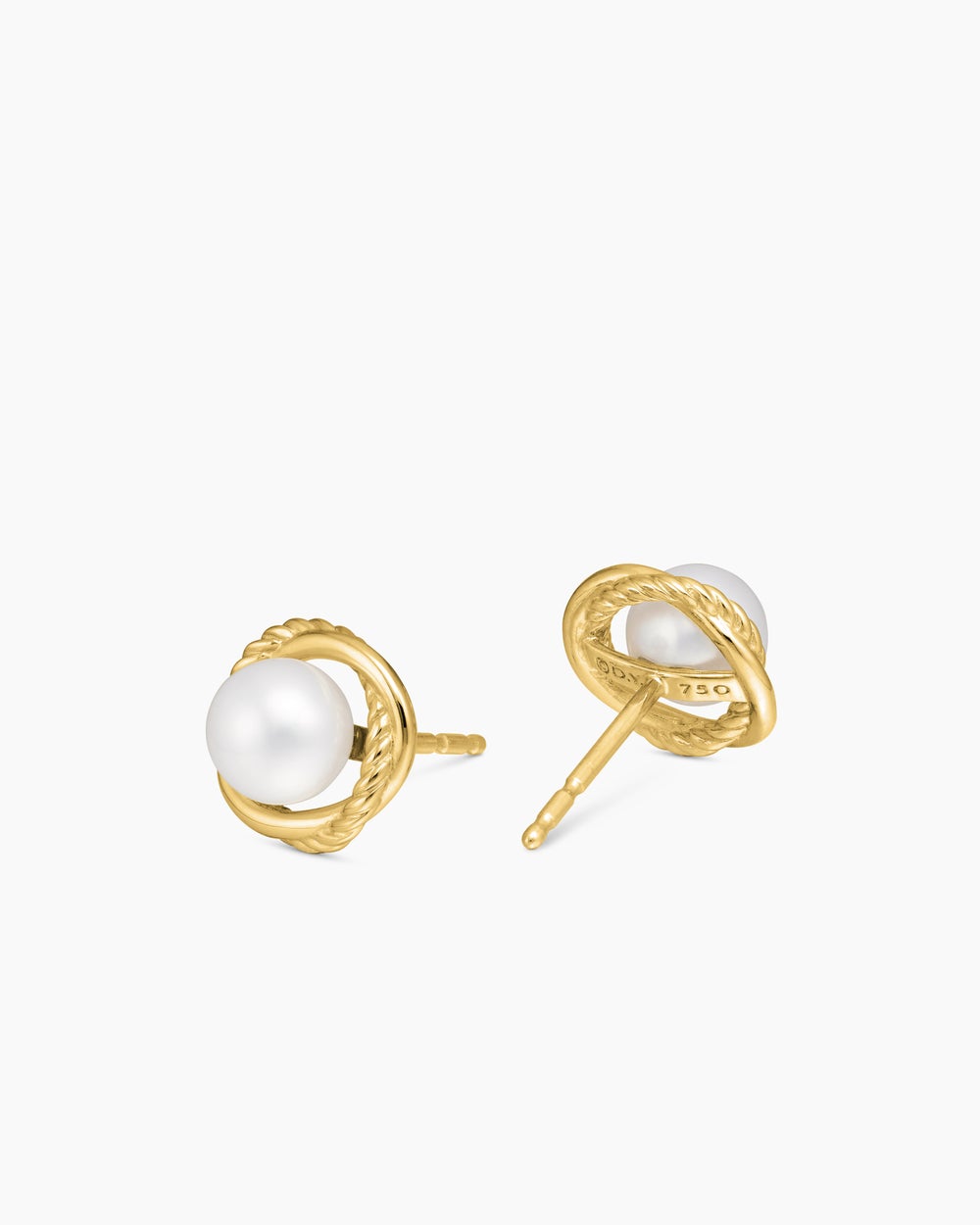 Womens Crossover Infinity Pearl Stud Earrings in 18K Yellow Gold with Pearls, 10mm