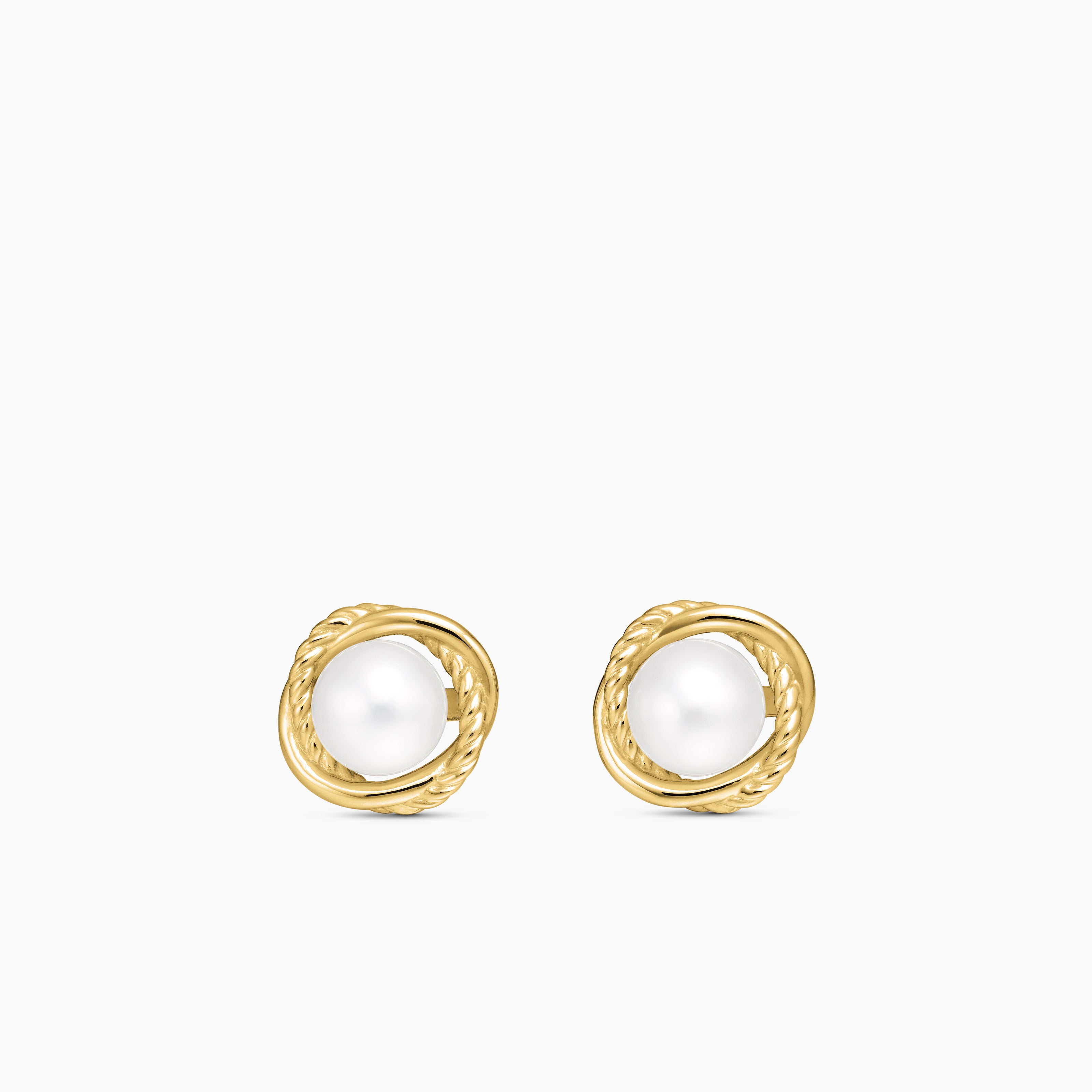 Womens Crossover Infinity Pearl Stud Earrings in 18K Yellow Gold with Pearls, 10mm