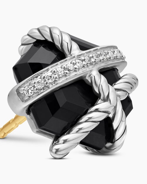 Womens Cable Wrap Stud Earrings in Sterling Silver with Black Onyx and Diamonds, 11mm