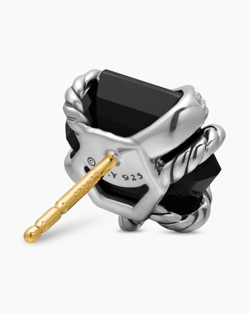 Womens Cable Wrap Stud Earrings in Sterling Silver with Black Onyx and Diamonds, 11mm