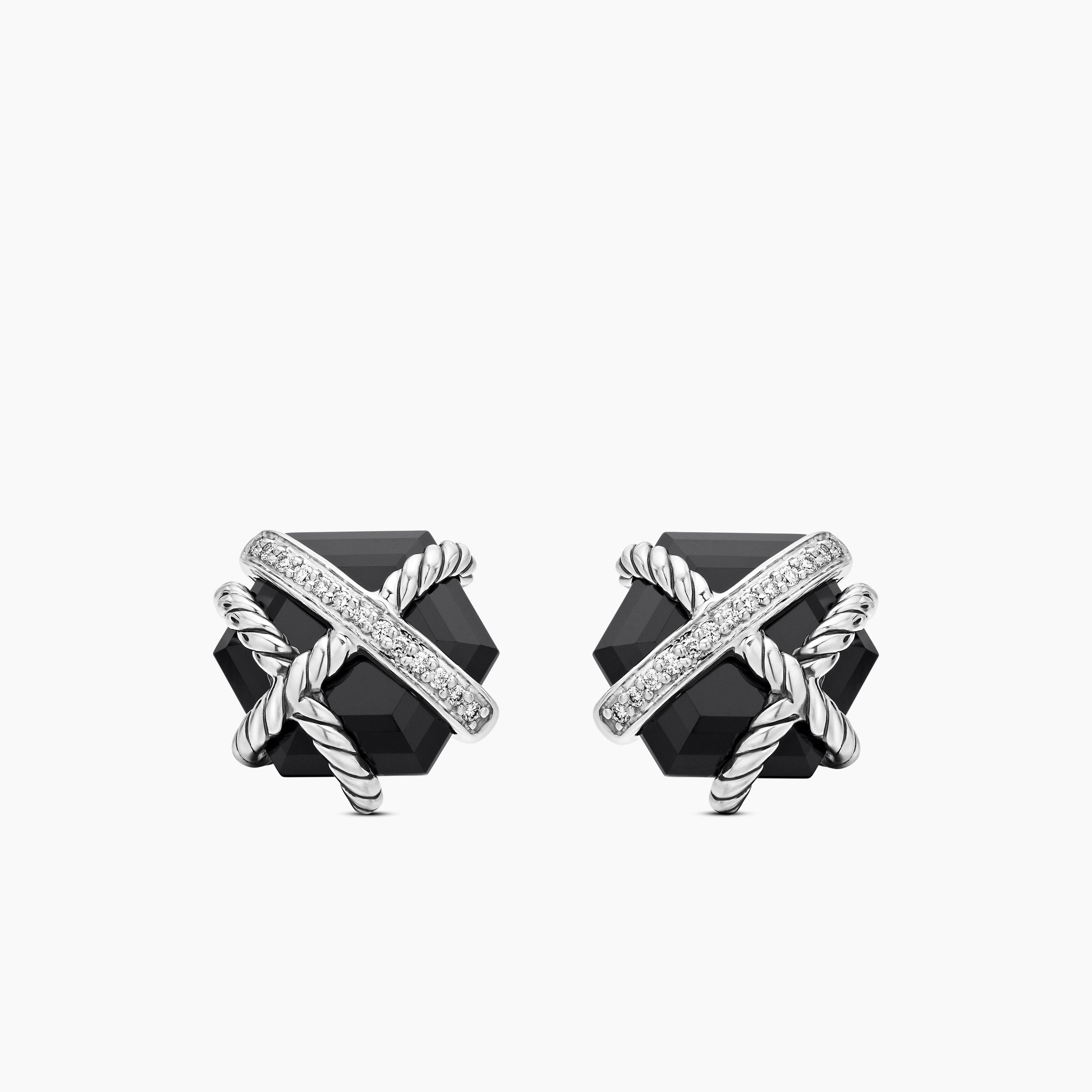 Clous d&rsquo;oreilles Cable Wrap en argent sterling avec onyx noir et diamants, 11 mm pour femmes 