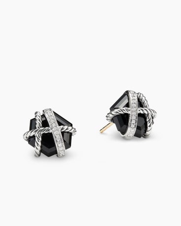 Cable Wrap Stud Earrings in Sterling Silver with Black Onyx and Diamonds, 11mm