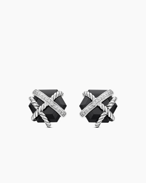 Womens Cable Wrap Stud Earrings in Sterling Silver with Black Onyx and Diamonds, 11mm
