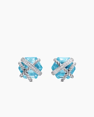 Cable Wrap Stud Earrings in Sterling Silver with Blue Topaz and Diamonds, 11mm