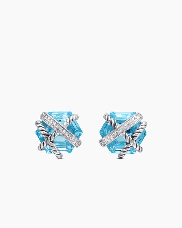 Cable Wrap Stud Earrings in Sterling Silver with Blue Topaz and Diamonds, 11mm