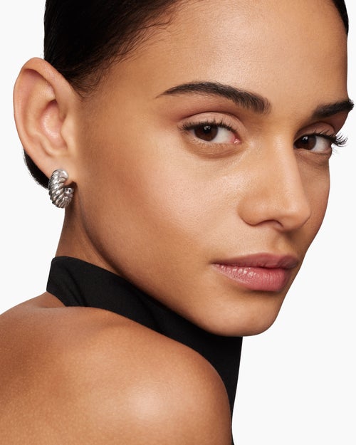 Womens Sculpted Cable Shrimp Earrings in Sterling Silver, 20.5mm