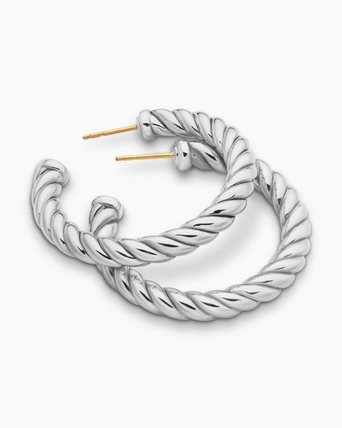 Womens Sculpted Cable Hoop Earrings in Sterling Silver, 40mm