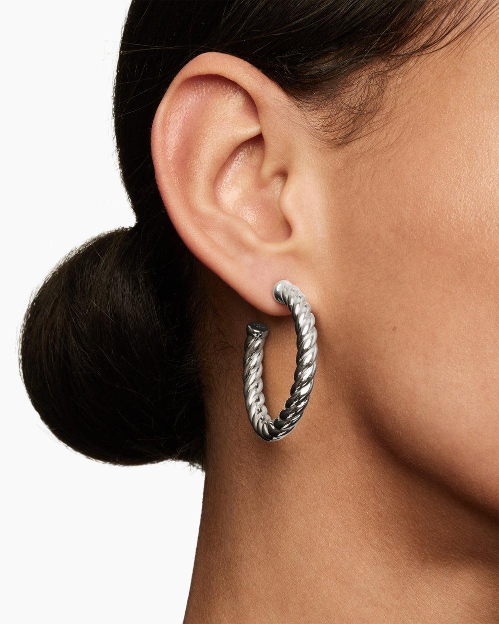 Womens Sculpted Cable Hoop Earrings in Sterling Silver, 40mm