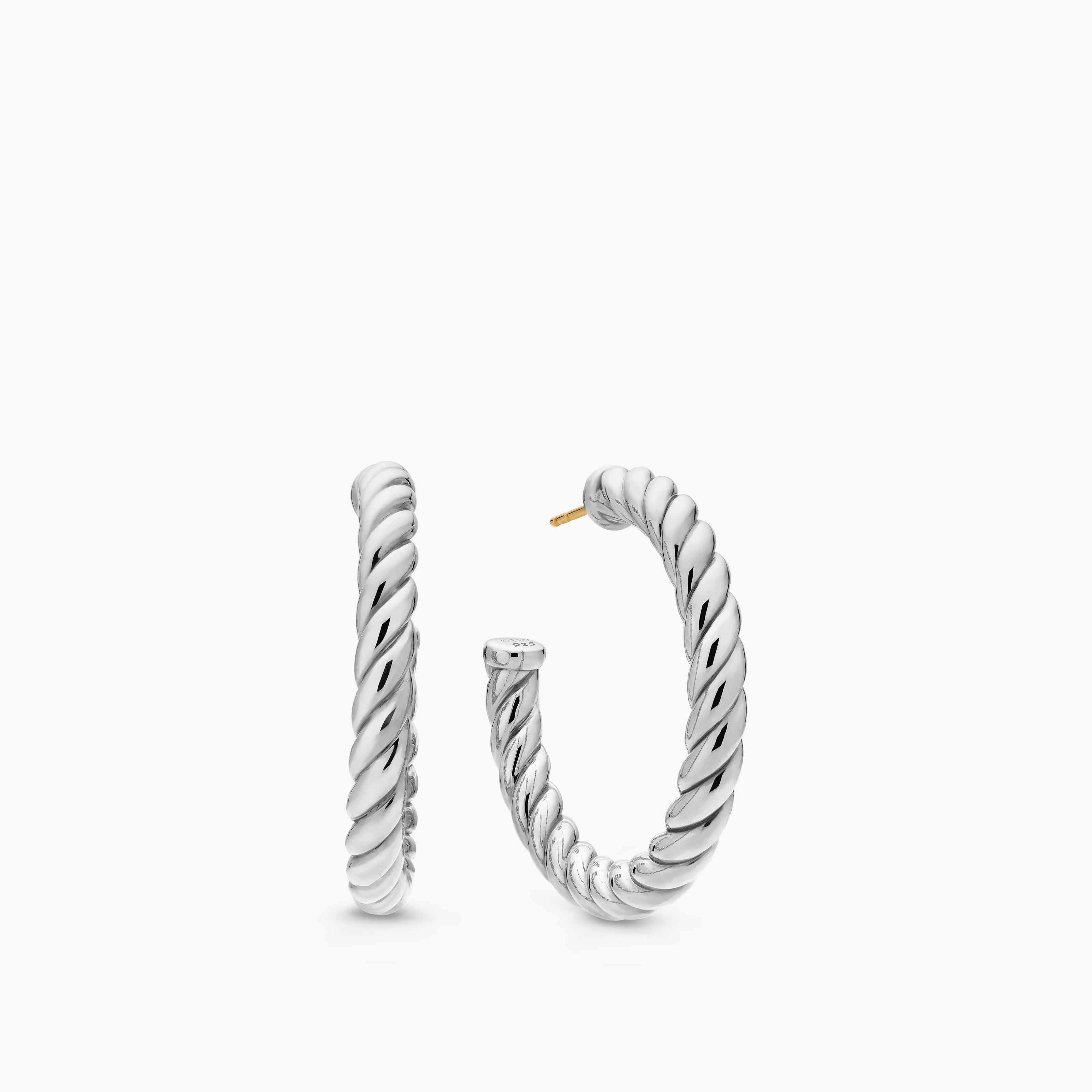 Womens Sculpted Cable Hoop Earrings in Sterling Silver, 40mm