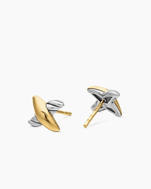 Womens Petite X Stud Earrings in Sterling Silver with 18K Yellow Gold, 7.5mm