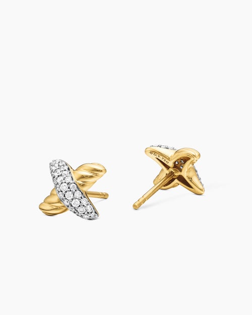 Womens Petite X Stud Earrings in 18K Yellow Gold with Diamonds, 8.4mm
