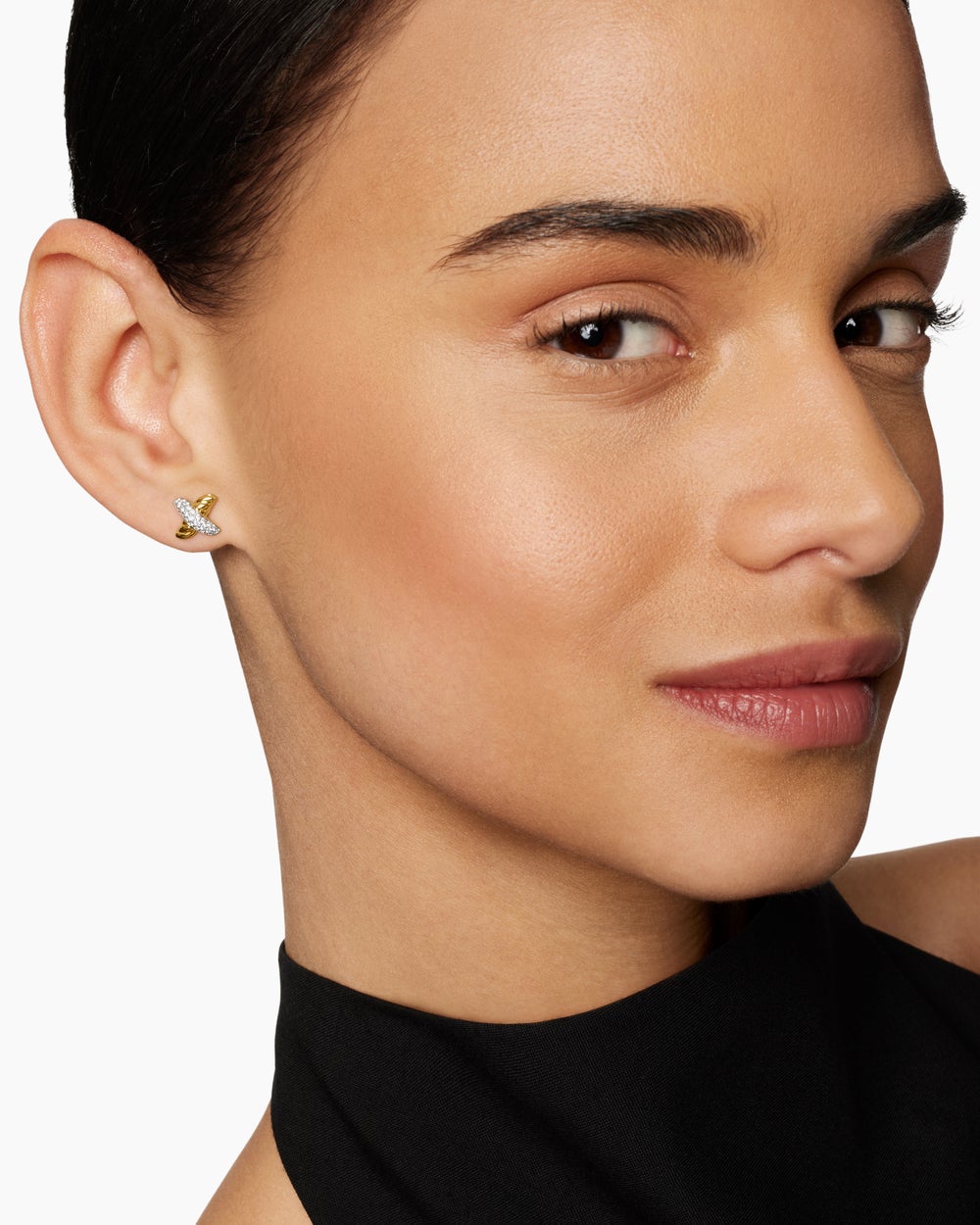 Womens Petite X Stud Earrings in 18K Yellow Gold with Diamonds, 8.4mm