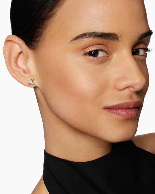 Womens Petite X Stud Earrings in 18K Yellow Gold with Diamonds, 8.4mm