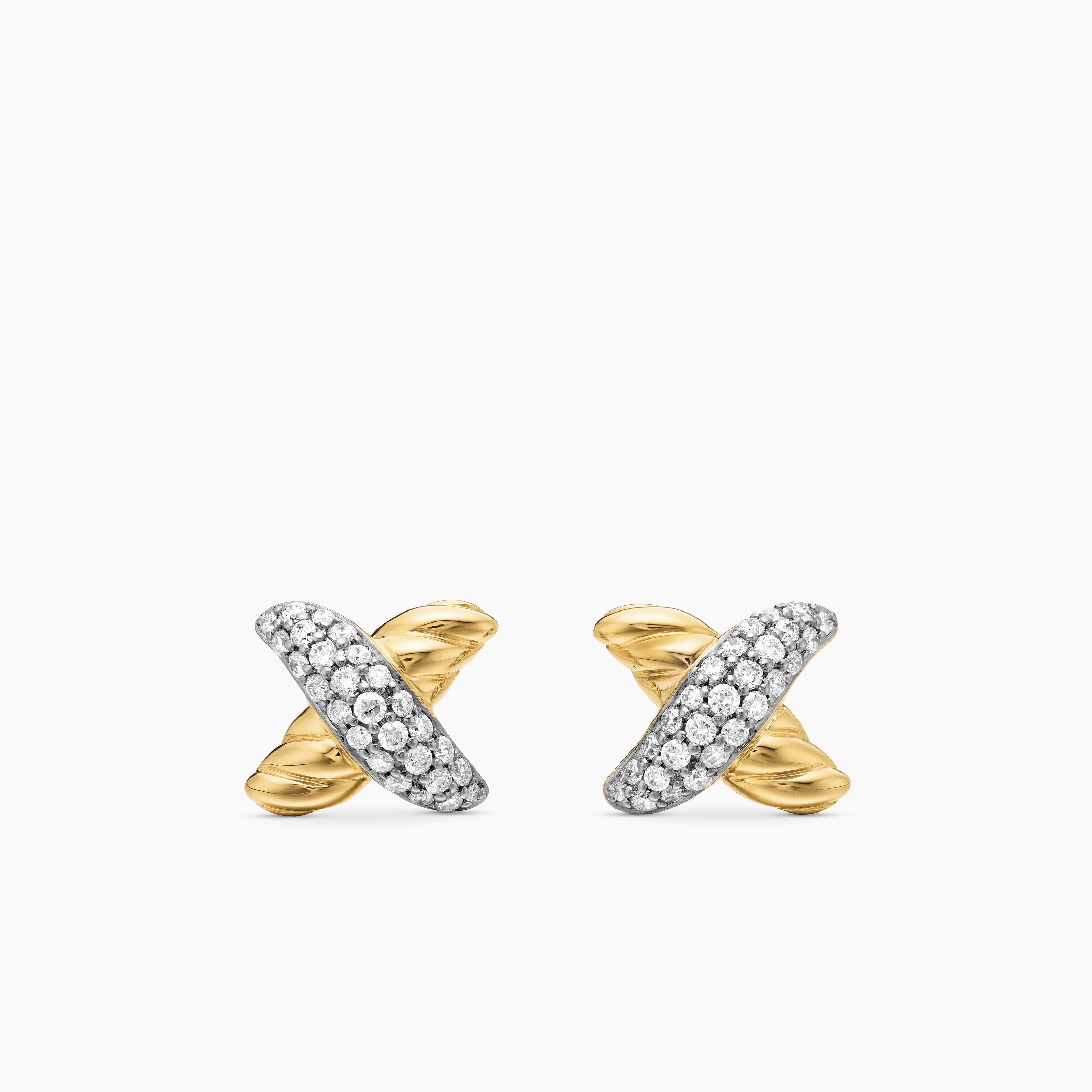 Womens Petite X Stud Earrings in 18K Yellow Gold with Diamonds, 8.4mm
