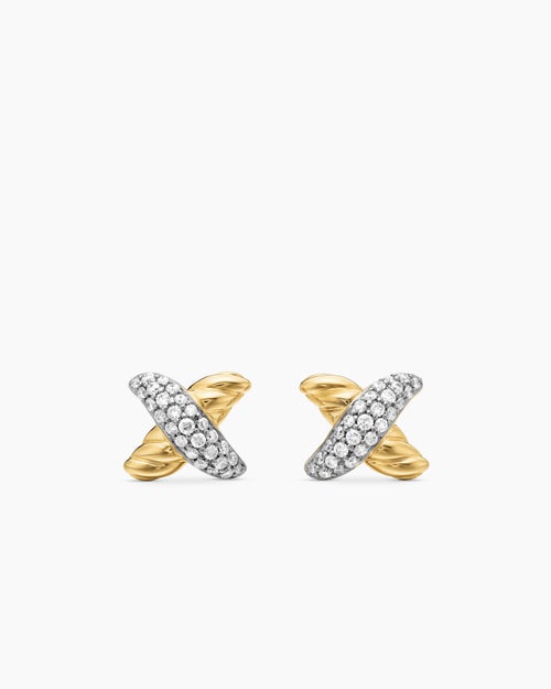 Womens Petite X Stud Earrings in 18K Yellow Gold with Diamonds, 8.4mm