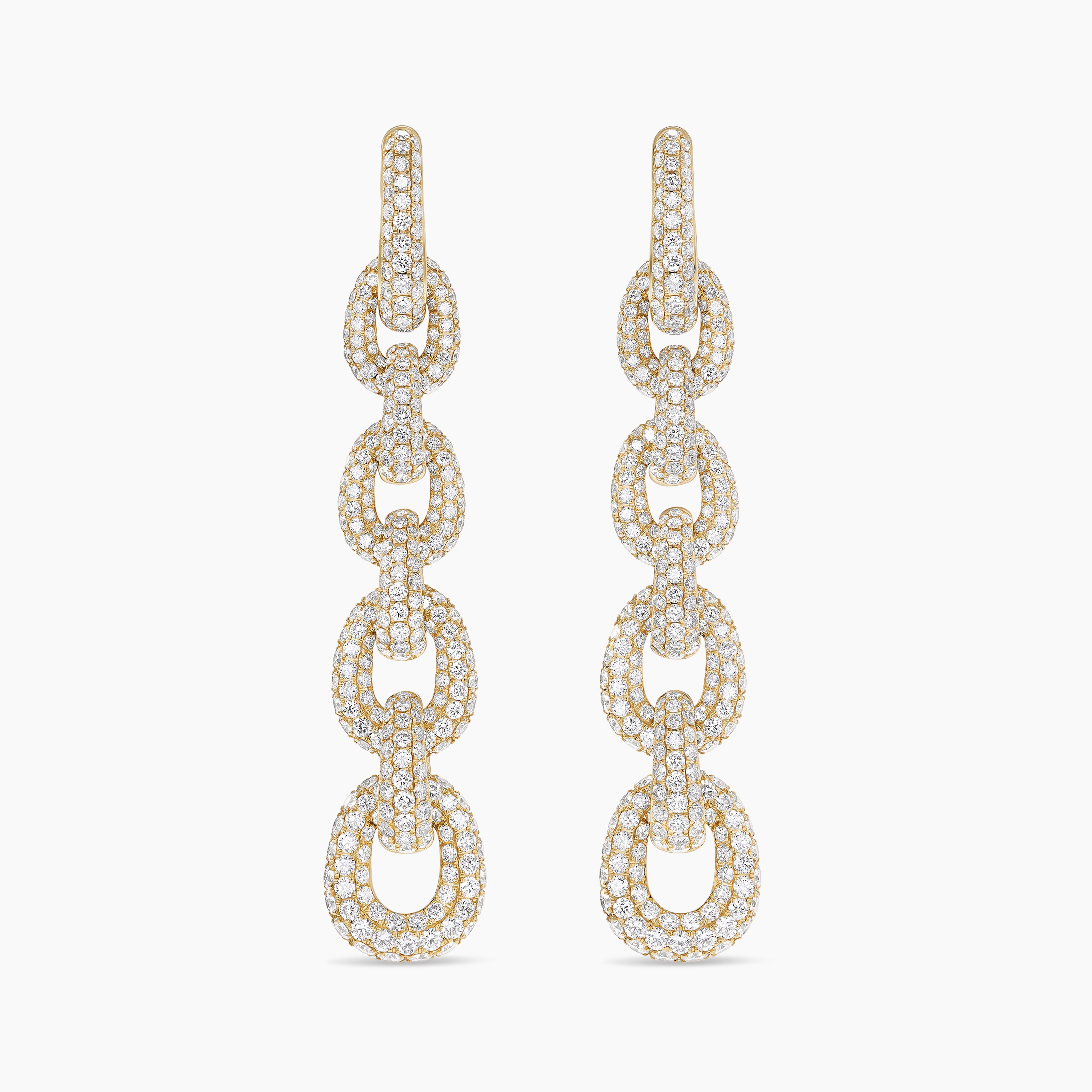 Womens Pav&eacute; Link Chain Drop Earrings in Yellow Gold with Diamonds