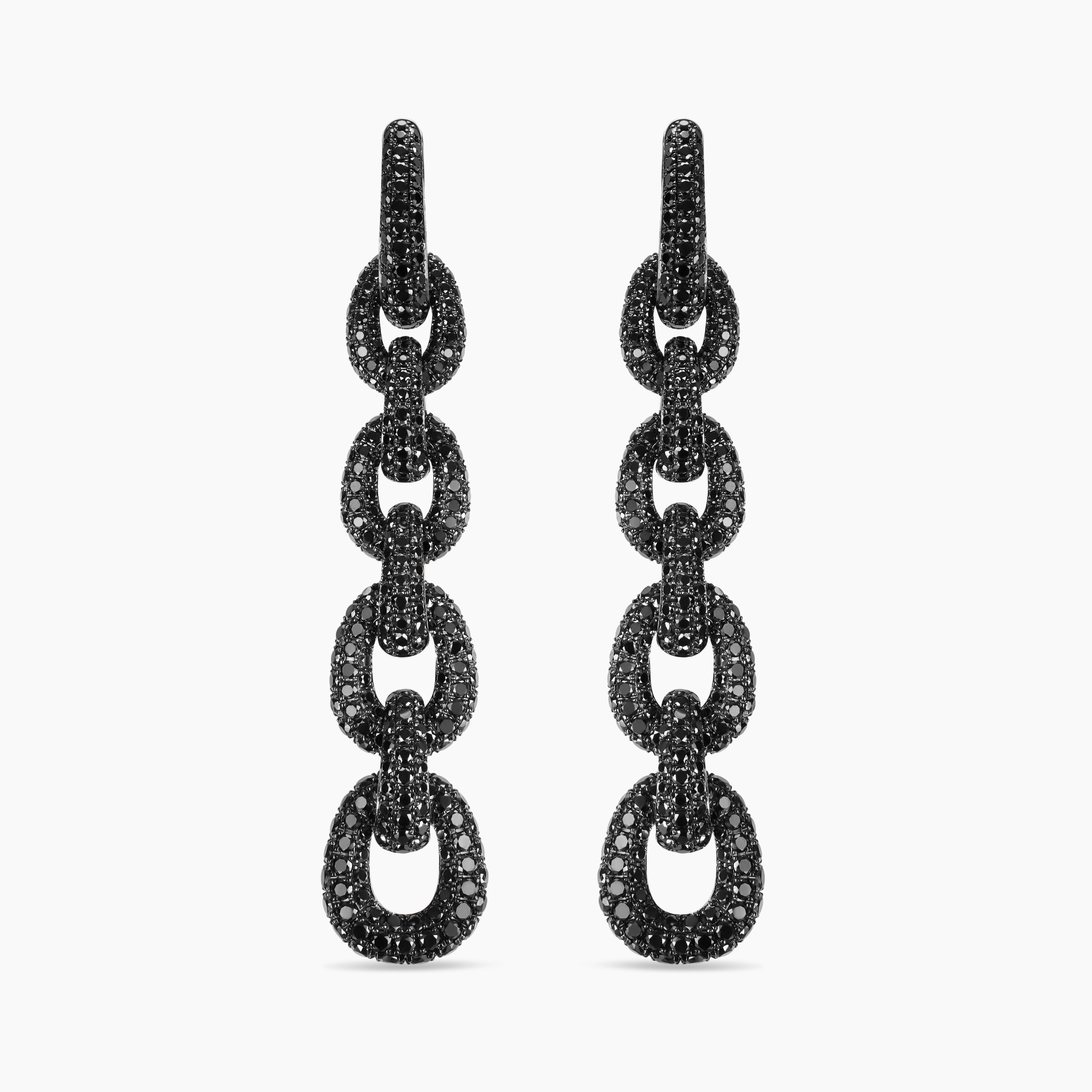 Womens Pav&eacute; Link Chain Drop Earrings in White Gold with Black Diamonds