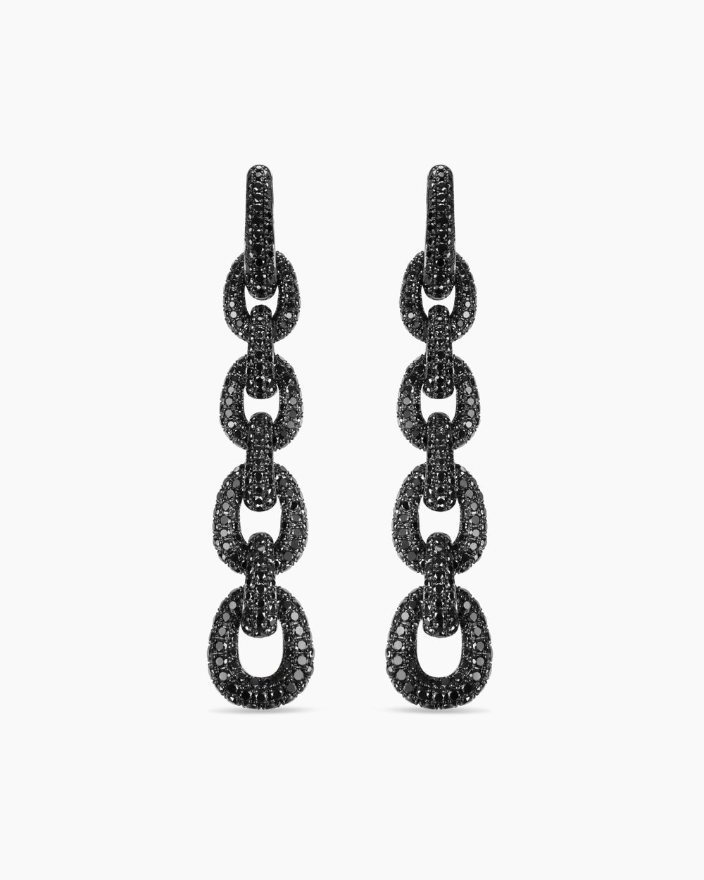 Womens Pavé Link Chain Drop Earrings in White Gold with Black Diamonds