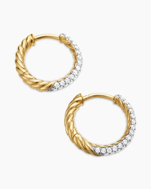 Womens Petite Pavé Huggie Hoop Earrings in 18K Yellow Gold with Diamonds, 14mm