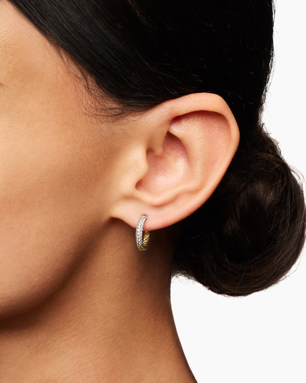 Womens Petite Pavé Huggie Hoop Earrings in 18K Yellow Gold with Diamonds, 14mm