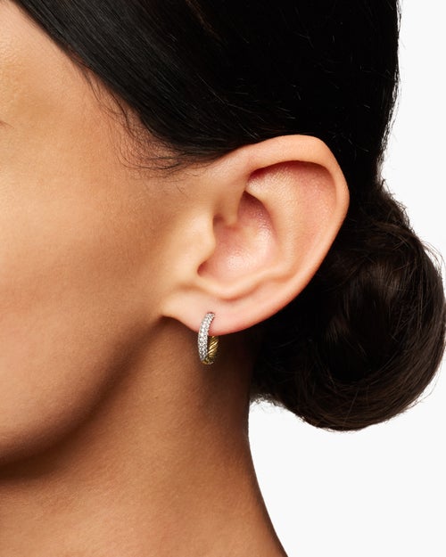 Womens Petite Pavé Huggie Hoop Earrings in 18K Yellow Gold with Diamonds, 14mm