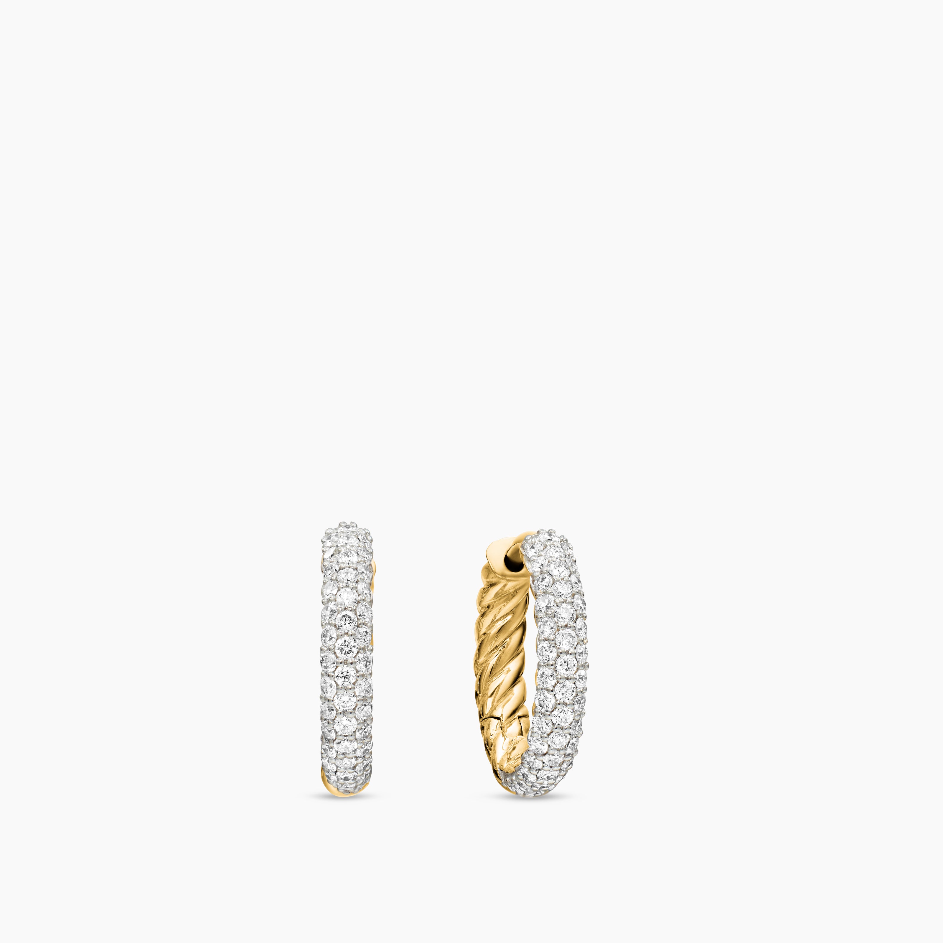 Womens Petite Pav&eacute; Huggie Hoop Earrings in 18K Yellow Gold with Diamonds, 14mm