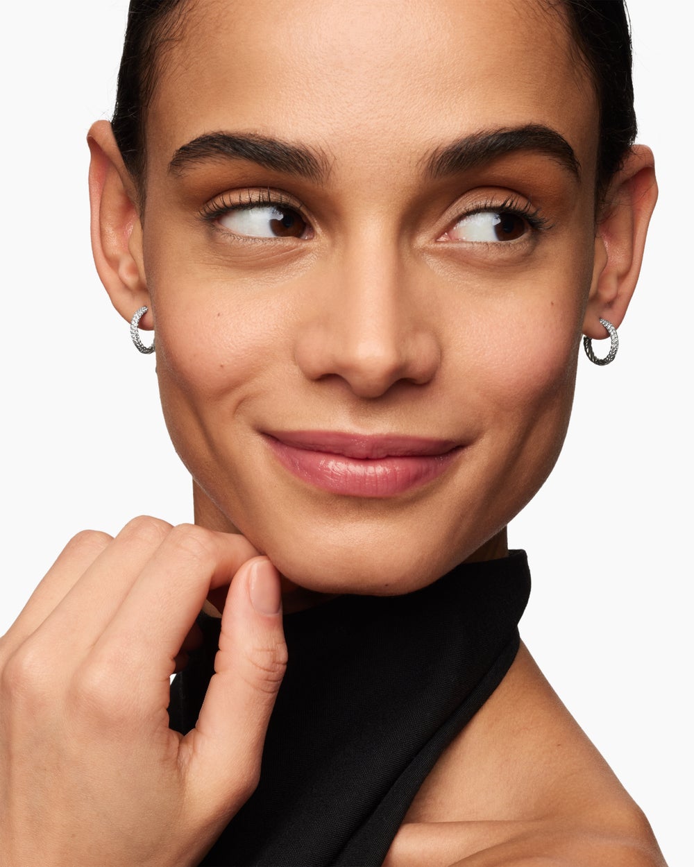 Womens Petite Pavé Huggie Hoop Earrings in Sterling Silver with Diamonds, 14mm