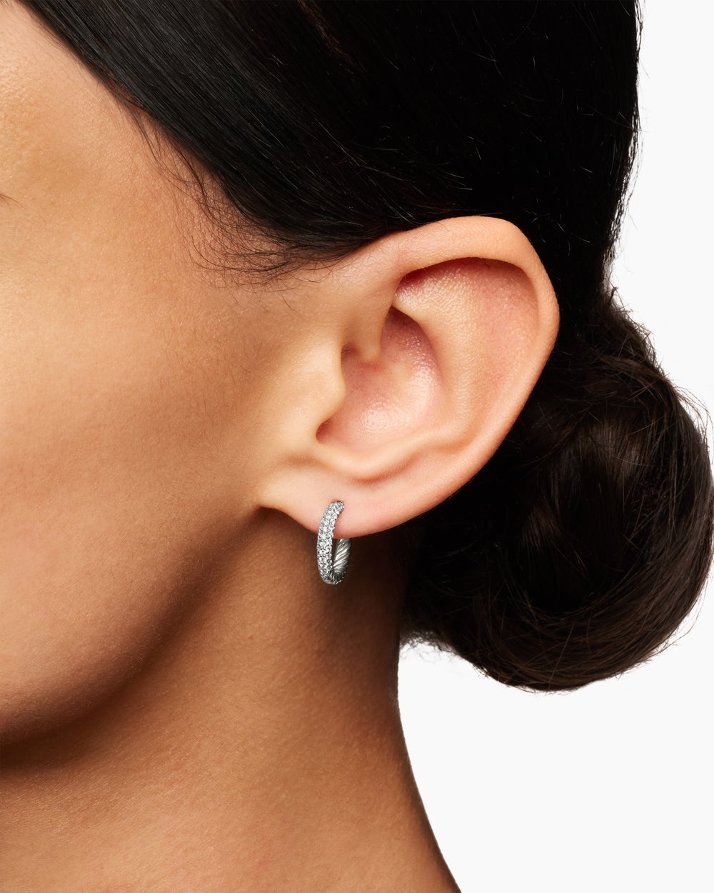 Womens Petite Pavé Huggie Hoop Earrings in Sterling Silver with Diamonds, 14mm