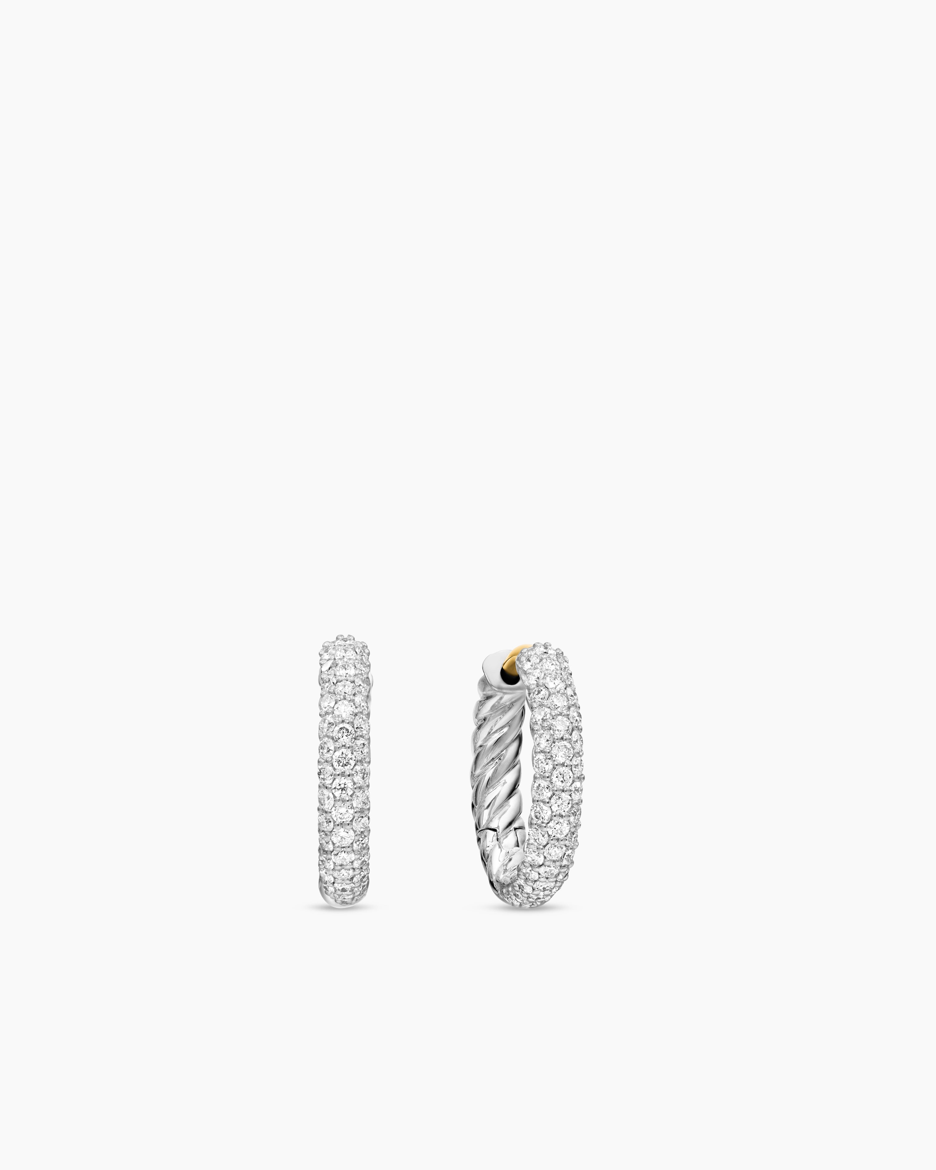 Cable Edge Huggie Hoop Earrings in Recycled Sterling Silver with Diamonds, 13mm