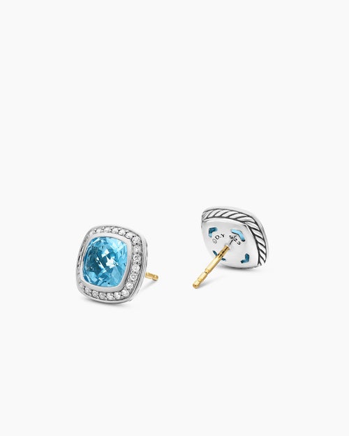 Womens Albion® Stud Earrings in Sterling Silver with Blue Topaz and Diamonds, 7mm