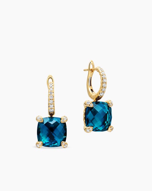 Womens Chatelaine® Drop Earrings in 18K Yellow Gold with Hampton Blue Topaz and Diamonds, 11mm
