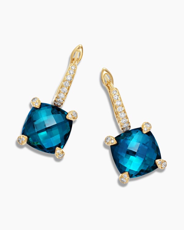 Boucles d’oreilles pendantes Chatelaine® en or jaune 18 carats avec topaze bleue Hampton et diamants, 11 mm
