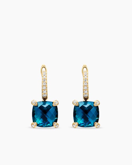Womens Chatelaine® Drop Earrings in 18K Yellow Gold with Hampton Blue Topaz and Diamonds, 11mm