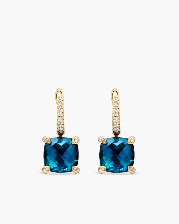 Boucles d’oreilles pendantes Chatelaine® en or jaune 18 carats avec topaze bleue Hampton et diamants, 11 mm