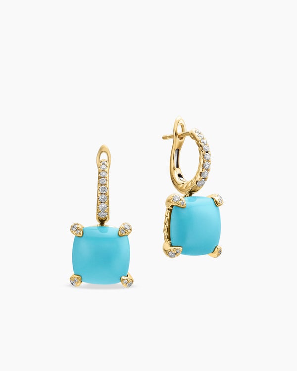 Boucles d’oreilles pendantes Chatelaine® en or jaune 18 carats avec turquoise et diamants, 11 mm