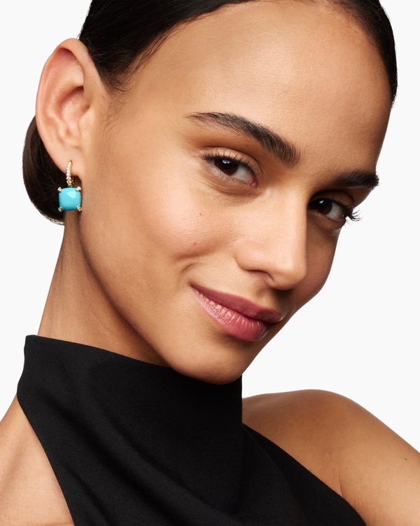 Boucles d’oreilles pendantes Chatelaine® en or jaune 18 carats avec turquoise et diamants, 11 mm