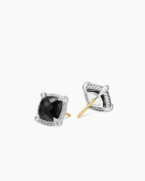 Womens Chatelaine® Pavé Bezel Stud Earrings in Sterling Silver with Black Onyx and Diamonds, 9mm