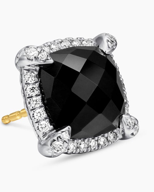 Womens Chatelaine® Pavé Bezel Stud Earrings in Sterling Silver with Black Onyx and Diamonds, 9mm