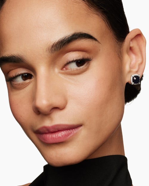 Womens Chatelaine® Pavé Bezel Stud Earrings in Sterling Silver with Black Onyx and Diamonds, 9mm