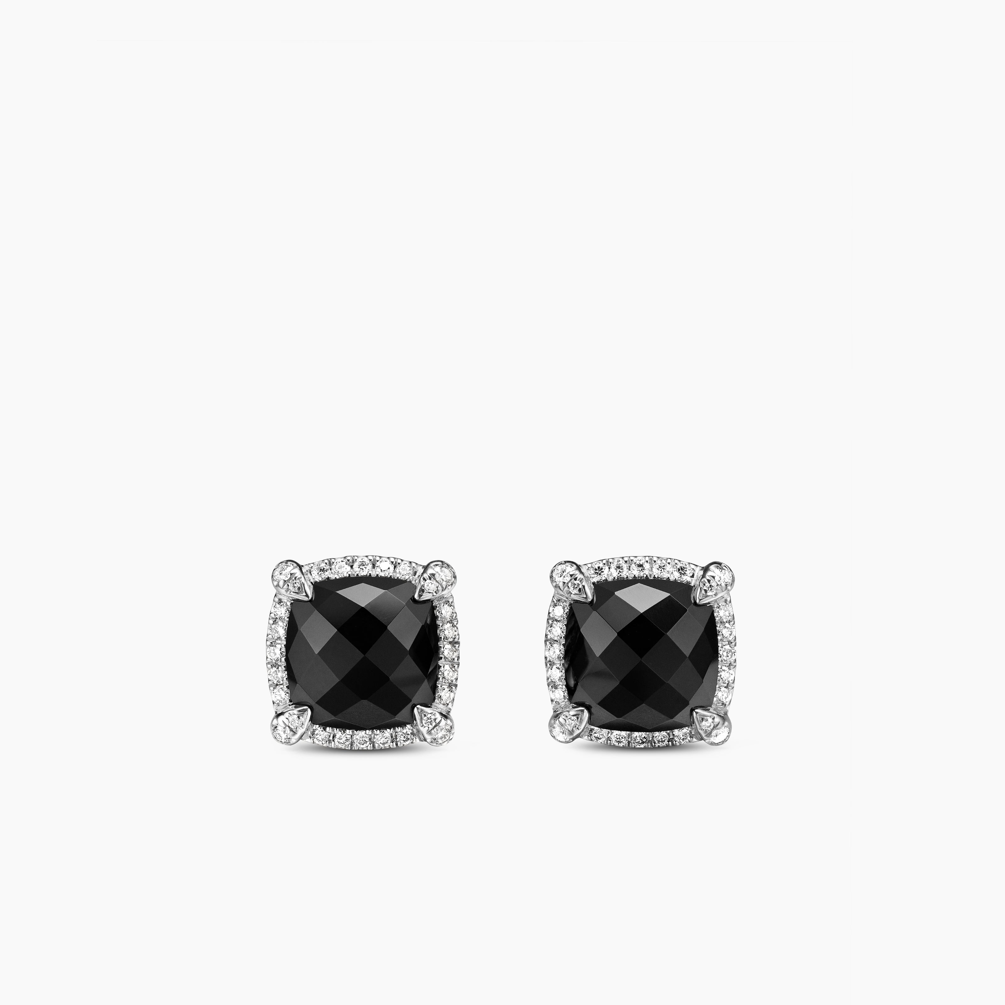 Womens Chatelaine&reg; Pav&eacute; Bezel Stud Earrings in Sterling Silver with Black Onyx and Diamonds, 9mm