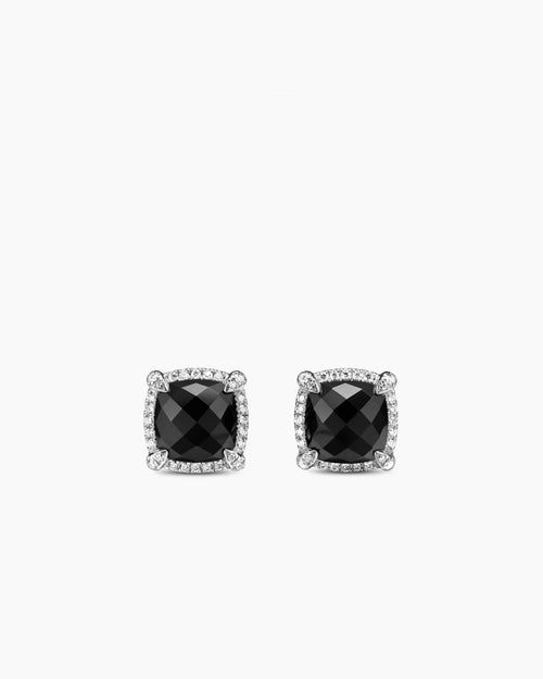 Womens Chatelaine® Pavé Bezel Stud Earrings in Sterling Silver with Black Onyx and Diamonds, 9mm