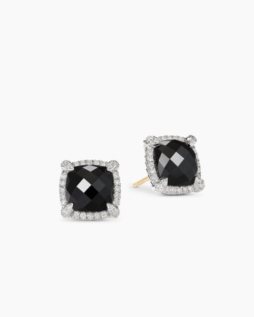 Chatelaine® Pavé Bezel Stud Earrings in Sterling Silver with Black Onyx and Diamonds, 9mm