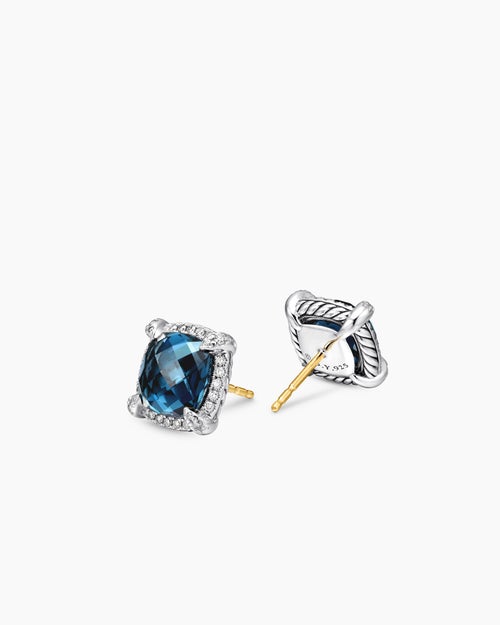 Womens Chatelaine® Pavé Bezel Stud Earrings in Sterling Silver with Hampton Blue Topaz and Diamonds, 9mm