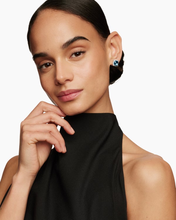 Chatelaine® Pavé Bezel Stud Earrings in Sterling Silver with Hampton Blue Topaz and Diamonds, 9mm