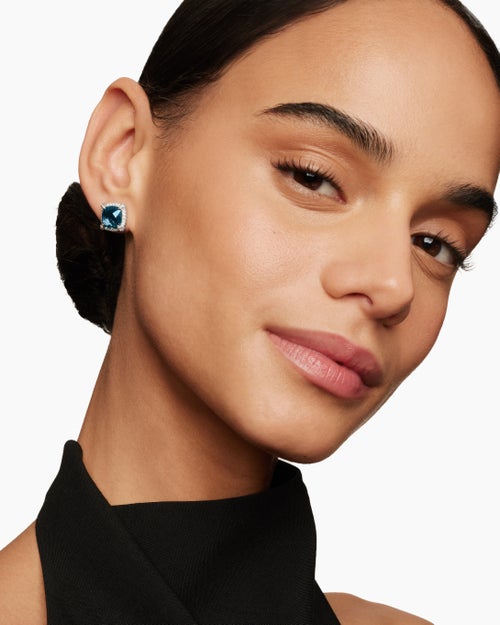 Womens Chatelaine® Pavé Bezel Stud Earrings in Sterling Silver with Hampton Blue Topaz and Diamonds, 9mm