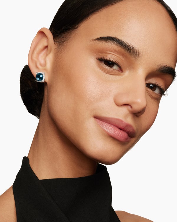 Chatelaine® Pavé Bezel Stud Earrings in Sterling Silver with Hampton Blue Topaz and Diamonds, 9mm
