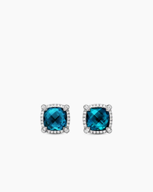 Womens Chatelaine® Pavé Bezel Stud Earrings in Sterling Silver with Hampton Blue Topaz and Diamonds, 9mm