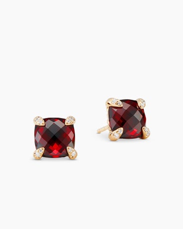 Chatelaine® Stud Earrings in 18K Yellow Gold with Garnet and Diamonds, 8mm